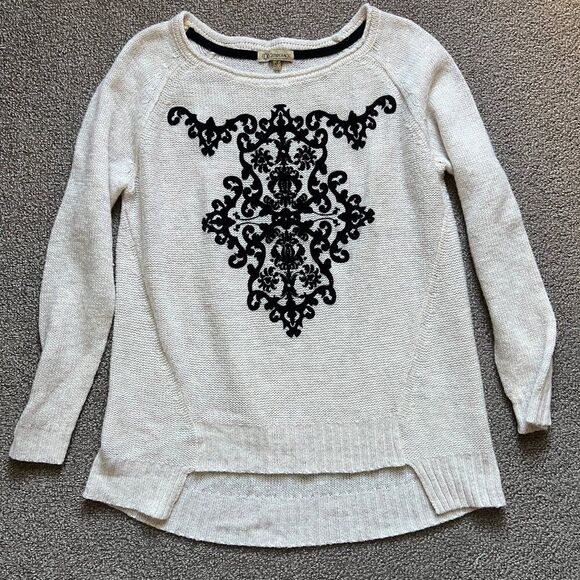 Democracy Sweater Cream Velvet Design Long Sleeve Wool Blend Drop Tail Hem Sz S - Picture 5 of 9